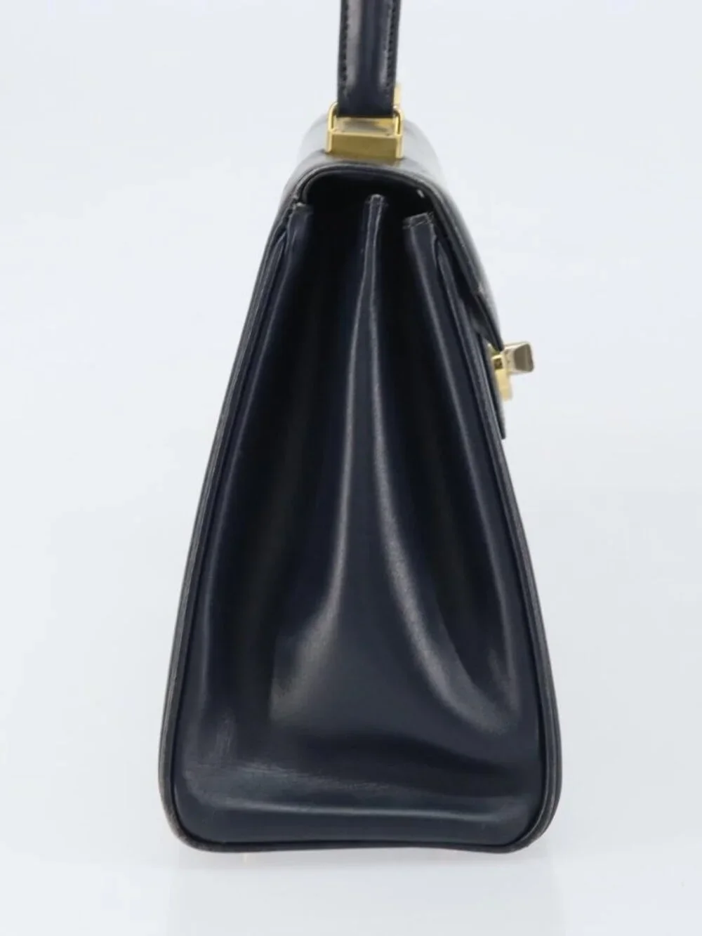 GUCCI Hand Bag Leather Navy Gold Auth
